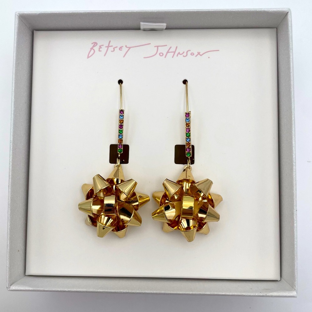 Betsey Johnson Gold Bow Dangle Earrings NIB